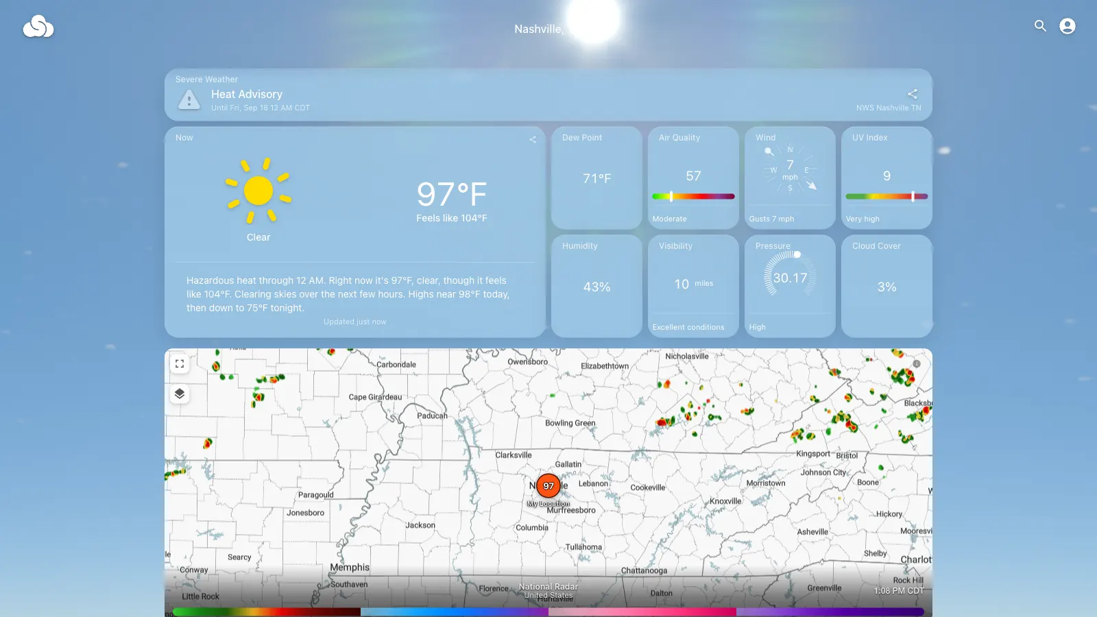 Smarter Weather Heat Advisory on the Nashville location page