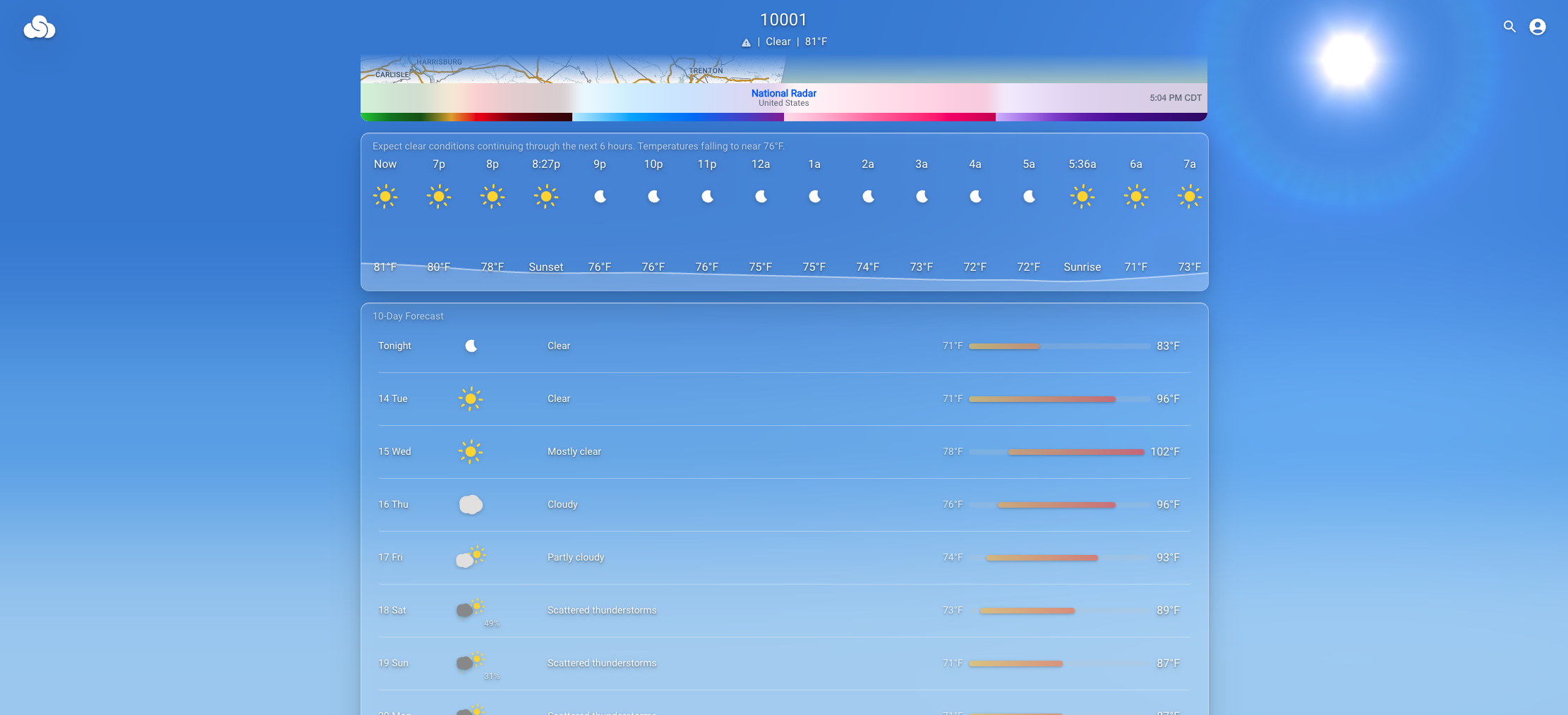 Smarter Weather hourly forecast strip and 10-day outlook for New York