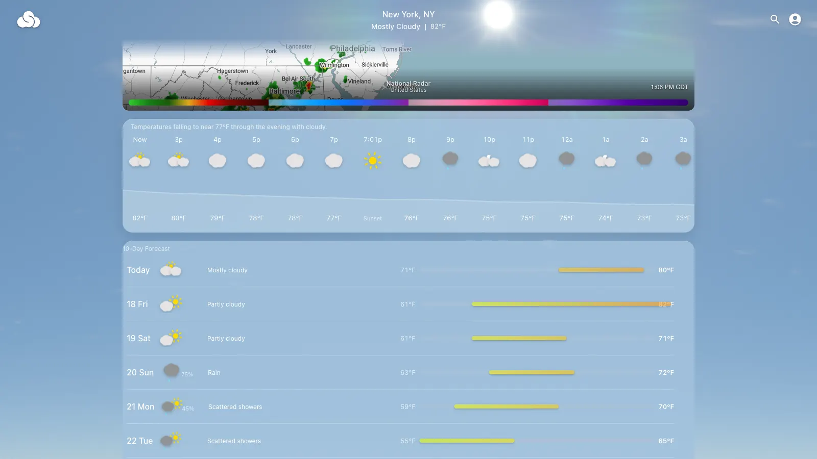 Smarter Weather hourly forecast strip and 10-day outlook for New York, NY