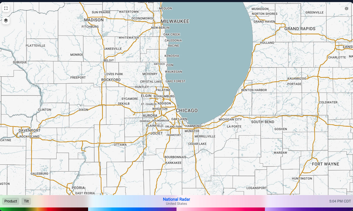 Smarter Weather interactive radar map centered on Chicago with the National Radar layer active