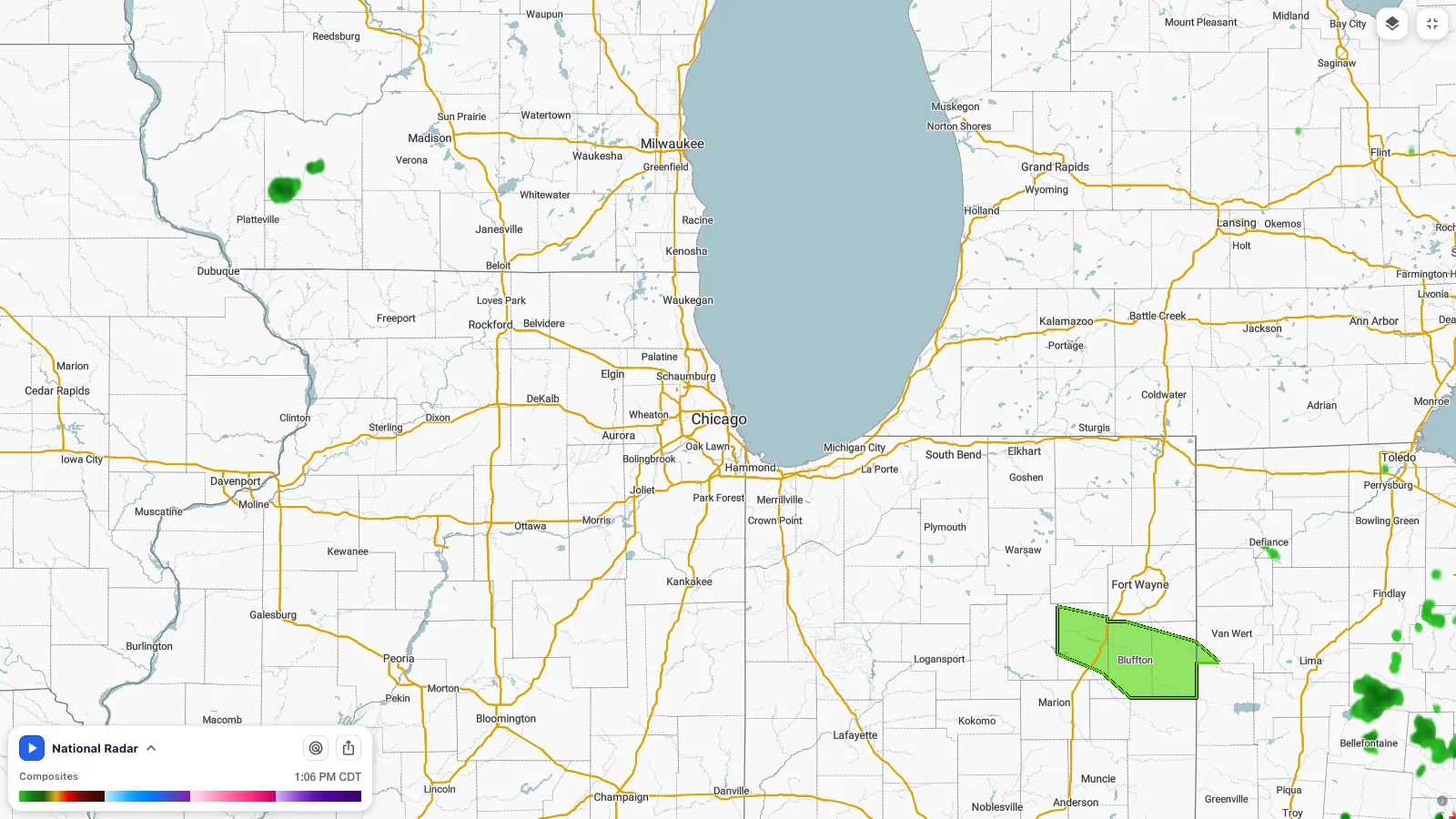 Smarter Weather interactive radar map centered on Chicago with precipitation